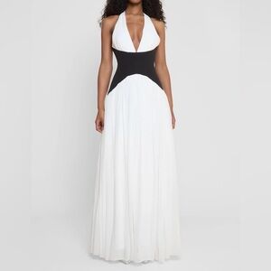 Elegant Black and White Halter Maxi Dress